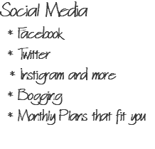 Social Media * Facebook * Twitter * Instigram and more * Bogging * Monthly Plans that fit you 